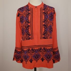 J Crew Collection Orange and Blue Paisley  Print Silk Popover Blouse, Size XS